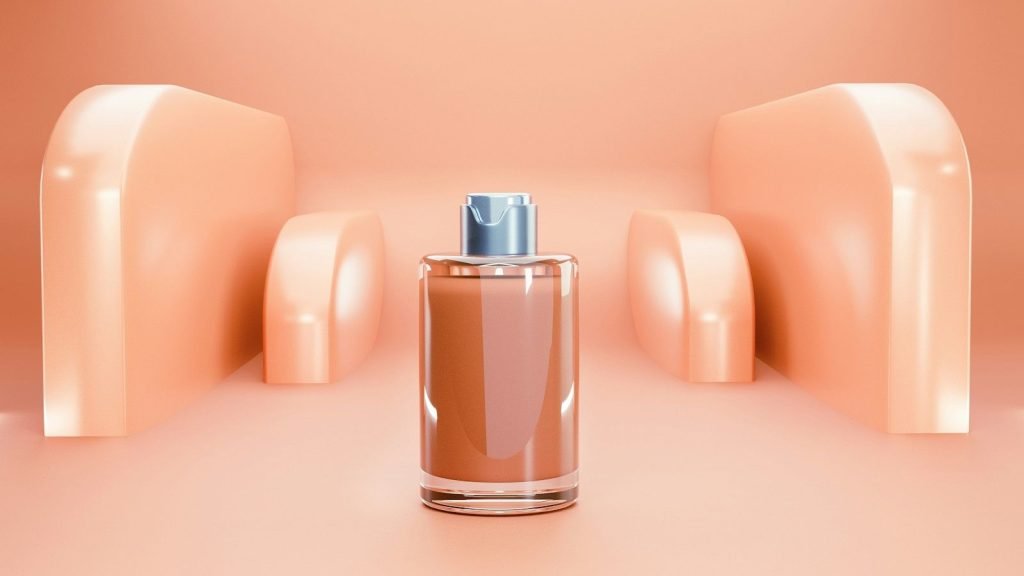 Perfume bottle in a styled 3D scene