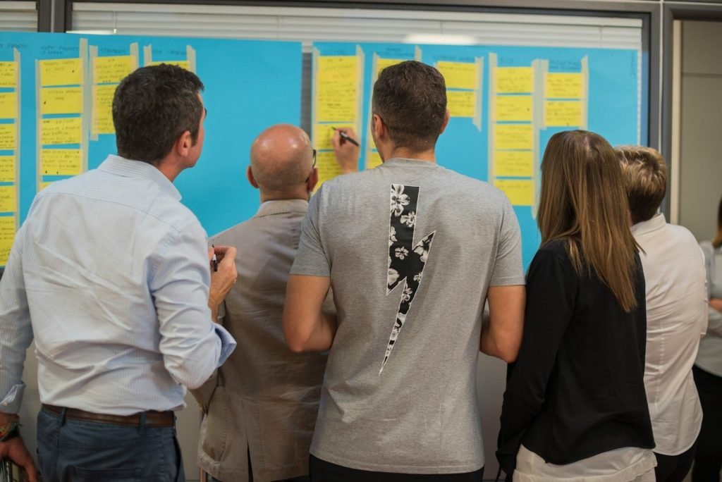 Team mapping goals with sticky notes