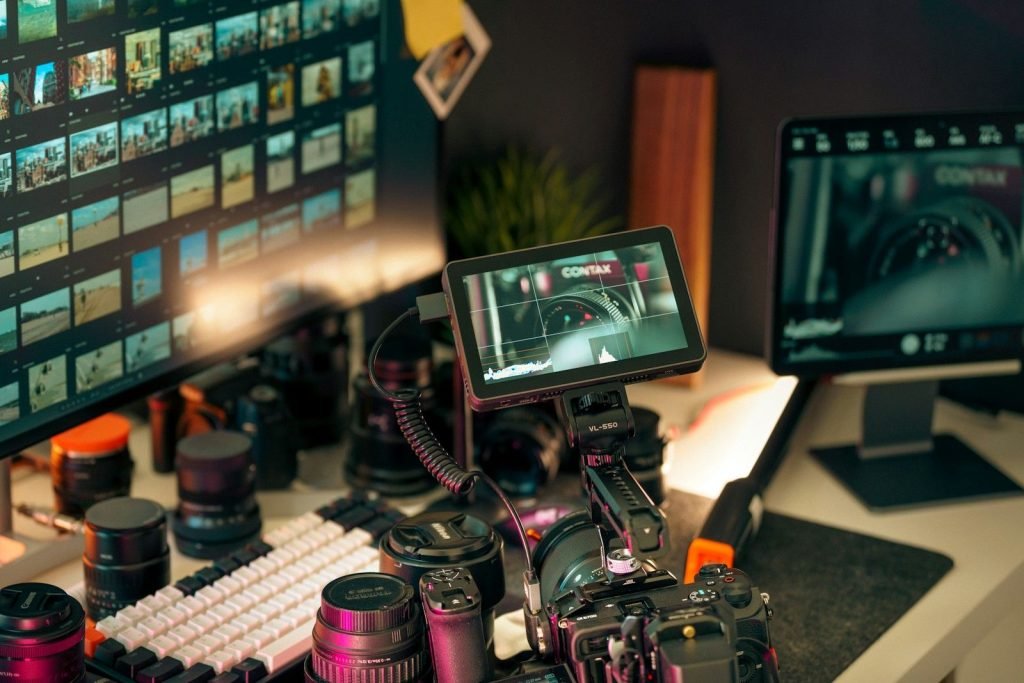 Editing workstation with cameras and screens